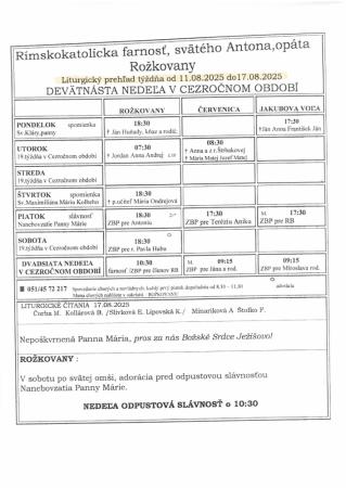 Liturgický prehľad 11. 8. - 17. 8. 2025