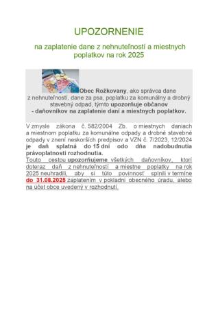 UPOZORNENIE na zaplatenie dane z nehnuteľností a miestnych poplatkov na rok 2025