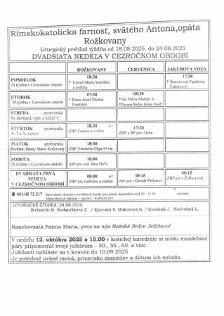 Liturgický prehľad týždňa 18. - 24. 8. 2025