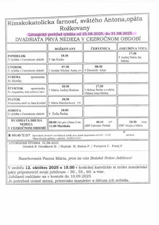 Liturgický prehľad týždňa