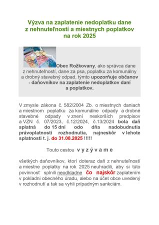 VÝZVA NA ZAPLATENIE NEDOPLATKU DANE Z NEHNUTEĽNOSTÍ A MIESTNYCH POPLATKOV NA ROK 2025