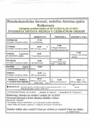 Liturgický prehľad od 20. 10. - 26. 10. 2025
