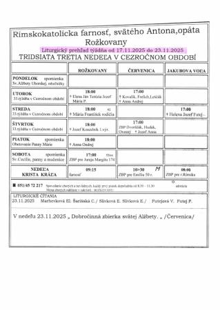 Liturgický prehľad týždňa od 17. 11. do 23. 11. 2025