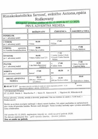 Liturgický prehľad od 1. 12. - 7. 12. 2025