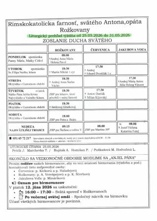 Liturgický prehľad týždňa od 25. 5. do 31. 5. 2026