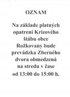 OZNAM k prevádzke ZBERNÉHO DVORA